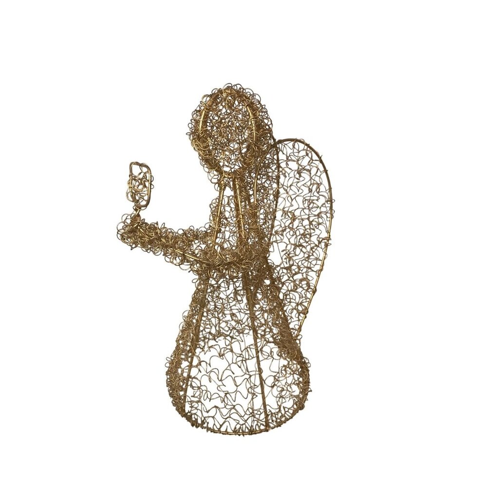 Gold Wire Angel Ornament Holding "Mirror" Halo & Wings 12 " Tall